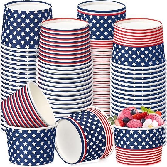 Hsei 120 Pack American Flag Ice Cream Cups 9 oz 4th of July Paper Treat Snack Cup Patriotic Disposable Soup Bowls for Patriotic Party Veterans Day Election