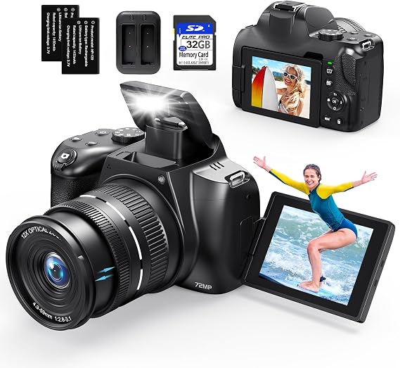 4K Digital Cameras for Photography, 12X Optical Zoom 72MP Vlogging Camera for YouTube with 270Flip Screen, Autofocus & Anti-Shake Cameras, Wi-Fi & App-Controlled 4K Camera, 2 Batteries, 32GB SD Card