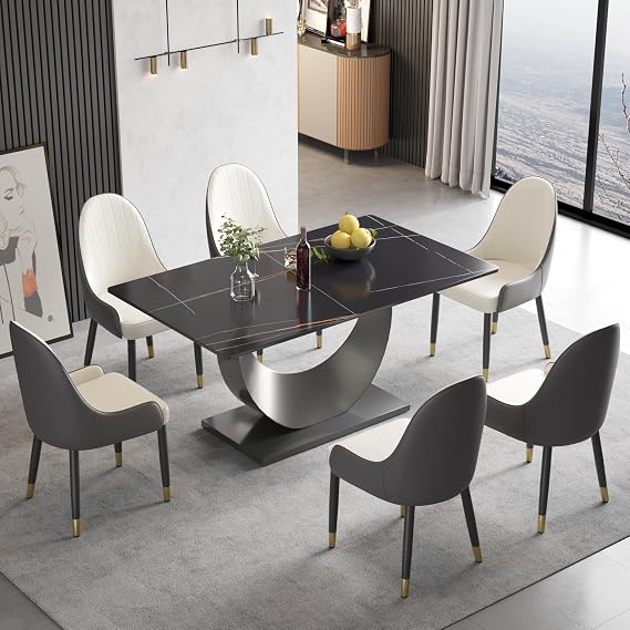 Modern Dining Table for 4,55" Black Marble Sintered Stone Table Top,Rectangle Dining Room Table with U-Shape Stainless Steel Pedestal for Kitchen/Living Room(Table Only)