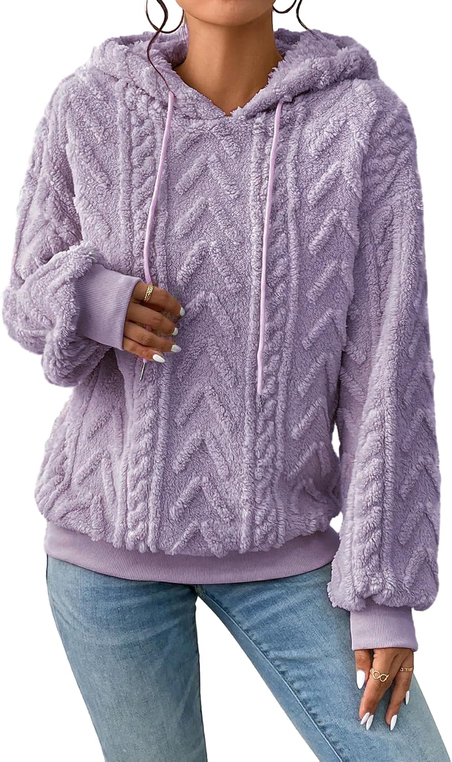Narecte Sherpa Hoodies for Women Fluffy Hooded Sweatshirt Pullover Hoodie with Pattern Womens Warm Fleece Sweaters