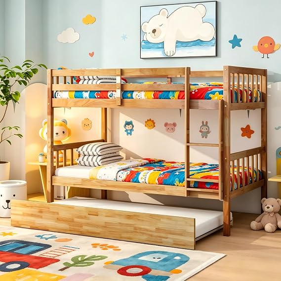 PVWIIK Twin Over Twin Bunk Bed with Trundle, White Oak