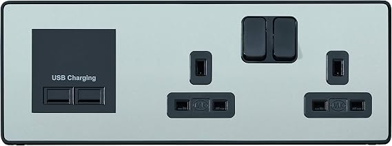 MK Dimensions 2 Gang Combi Switch Socket Stain Steel Finish with a Black Trim Multimedia Plate with Left Side Euro Frame