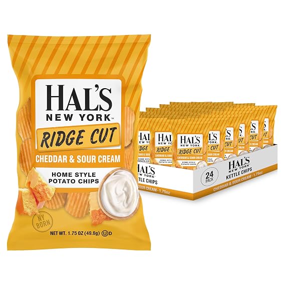 Hal's New York Ridge Cut Home Style Potato Chips, 1.75oz (Pack of 24, Cheddar & Sour Cream)