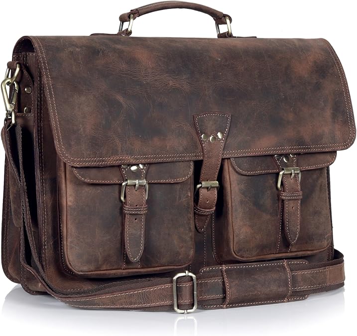 Vintage Leather Messenger Bag for Men & Women, Multi-Pocket Briefcase Satchel, Laptop Shoulder Bag
