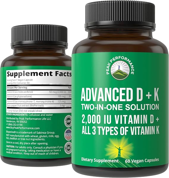 Peak Performance Advanced Vitamin D 2000 IU with All 3 Types of Vitamin K Vitamin D3 and Vitamin K2, K1, MK-7 (MK7), MK4 Supplements - 60 Small and Easy to Swallow Vegetable Capsules