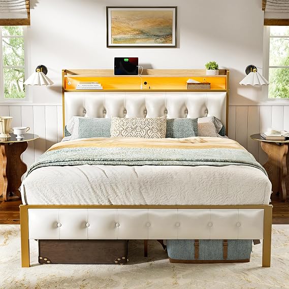 HAUSOURCE Queen Bed Frame with Storage Headboard & Footboard Upholstered Platform Bed with LED Lights USB Ports & Outlets No Box Spring Needed,White