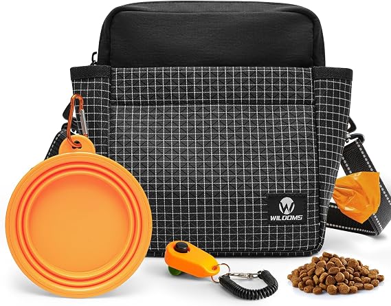 Dog Training Treat Pouch, Magnetic Treat Fanny Pack for Walking, Crossbody Dog Walking Bag with Poop Bag Dispenser, Clicker & Collapsible Bowl - Black