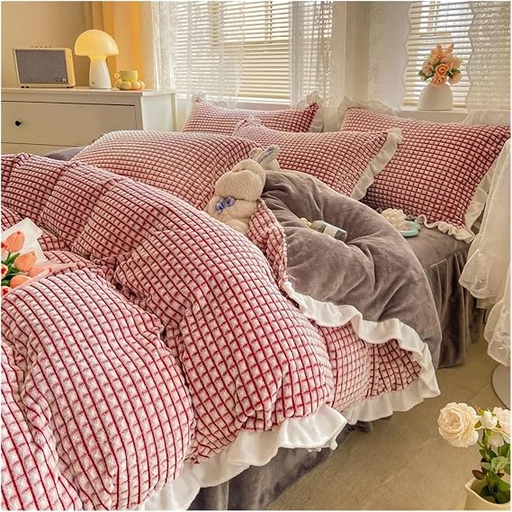Bed, Winter Thickened facecloth Quilt Cover Warm Coral Velvet Quilt Cover Sheet Pillowcase Soft Luxury Quilt Cover Bedding Set
