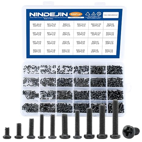 NINDEJIN 650 pcs M1.4 M1.7 M2 M2.5 M3 Round Pan Head Laptop Mini Screw Kit | Carbon Steel, Laptop Computer Screw, for Repairing Most Computers, for Sports Equipment; Lawnmowers; Blowers, Mini Screw Set