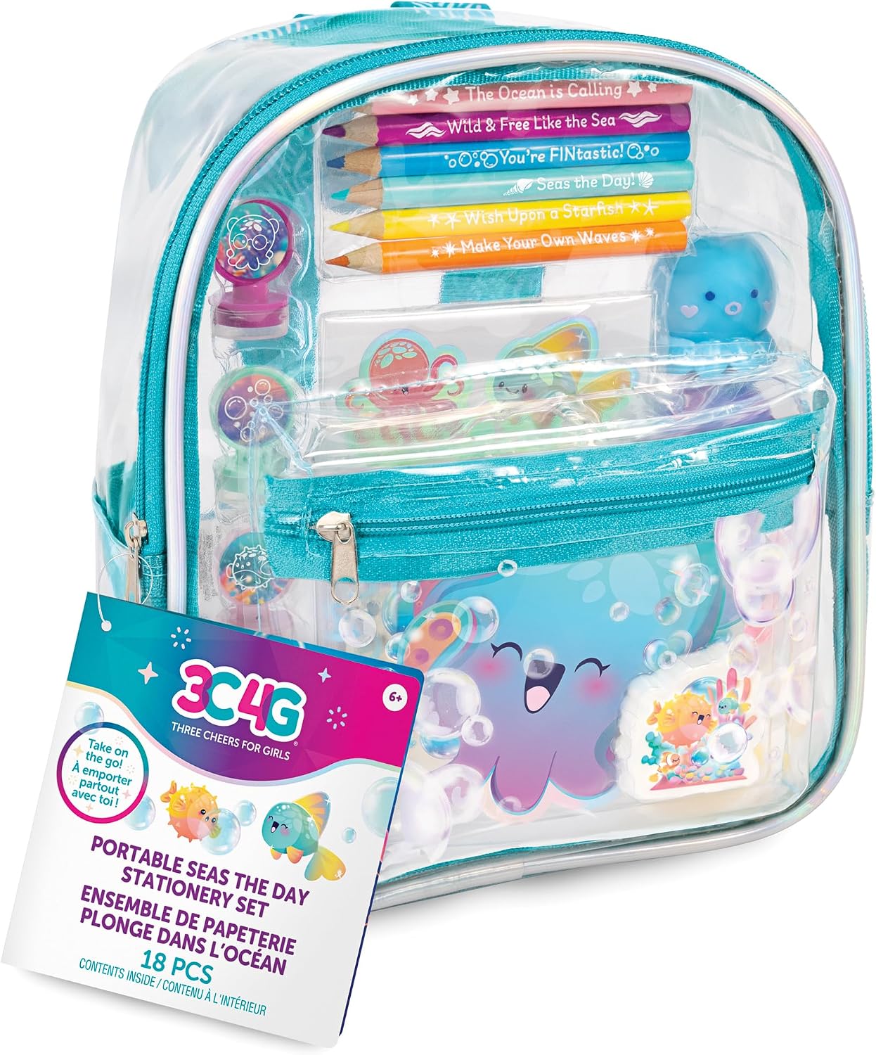 3C4G: Portable Seas The Day! Stationary Set - 8 Mini Backpack Case, Ocean Themed, Stickers-Highlighters-Color Pencils-Stamps-Note Pad, Girls & Kids