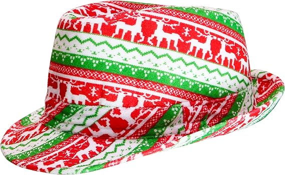 Ugly Sweater Fedora Party Hat - Red and Green Funny Christmas Holiday Hat