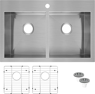 Artika SQ220GS18-CCA 31x 20 Double Bowl Undermount or Drop-in 18 Gauge 5050 Kitchen Sink Stainless Steel with Grids Included, Brushed Nickel