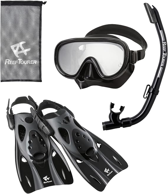 Reef Tourer Snorkeling Gear for Adults Age 10+, Mask Fins Snorkel Set, Semi-Dry Top, Panoramic Wide View Snorkel Mask, Swimming Diving Mask Diving Package Adjustable Snorkel Fins w/ Travel Bag RP0104