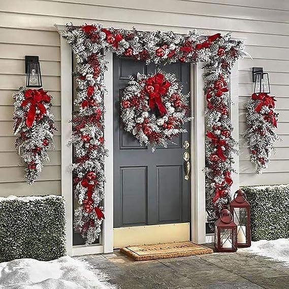Braiton Christmas Wreaths Decoration for Front Door, Wall Hanging Christmas Snowball Red Berry Pine Cone Garland Ornament for Xmas Party Indoors and Outdoors Home Decor,Red,6 PCS Set