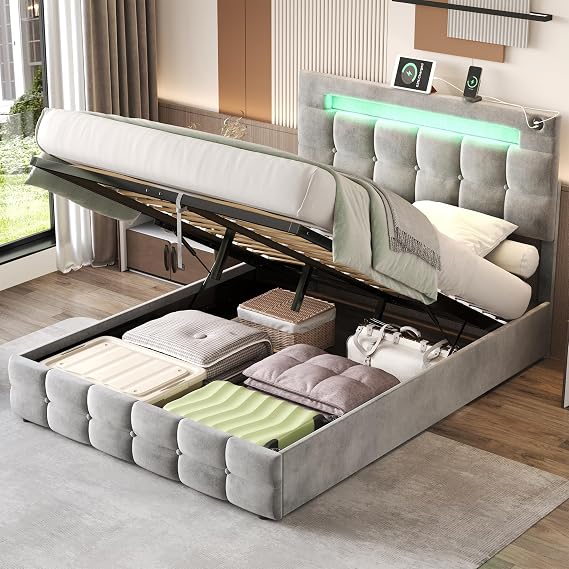 Jtyca Upholstered Double Bed Frame with Storage, Ottoman Bed with Adjustable Headboard and Hydraulic, Velvet Double Bed Frame with Charging-Station and LED-Light, Grey, 4FT6-135x190cm, (No Mattress)