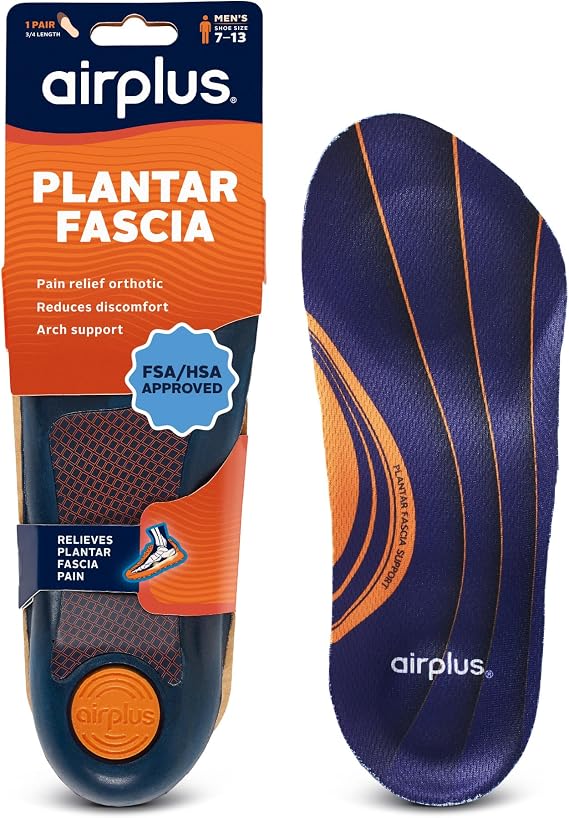 Airplus Plantar Fascia Orthotic 3/4 Length Shoe Insole (FSA&HSA Eligible)-Foam Shell & Gel Heel - Deep Heel Cup, Full-Foot Arch Support-Soft Cushioning & Stability -Fits Most Shoes & Boots-Unisex