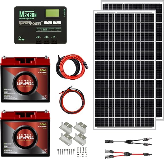 200W 12V Solar Power Kit | 2 x 12V 20Ah LiFePO4 Lithium Batteries | 200W Mono Rigid Solar Panels, 20A MPPT Solar Charge Controller | RV, Trailer, Camper, Marine, Off Grid, Solar Projects