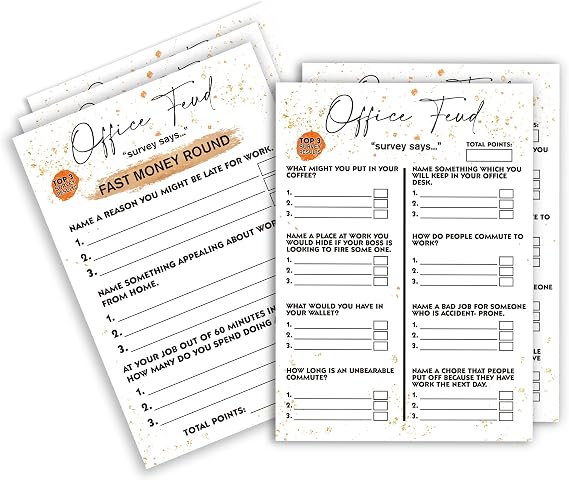 Tuyashua Office Party Feud Games, Work Party Games, Team Building Group Game, Great for Coworker or Adult Trivia Game - 30 Office Feud Cards and 3 Fast Money Round Cards (01)