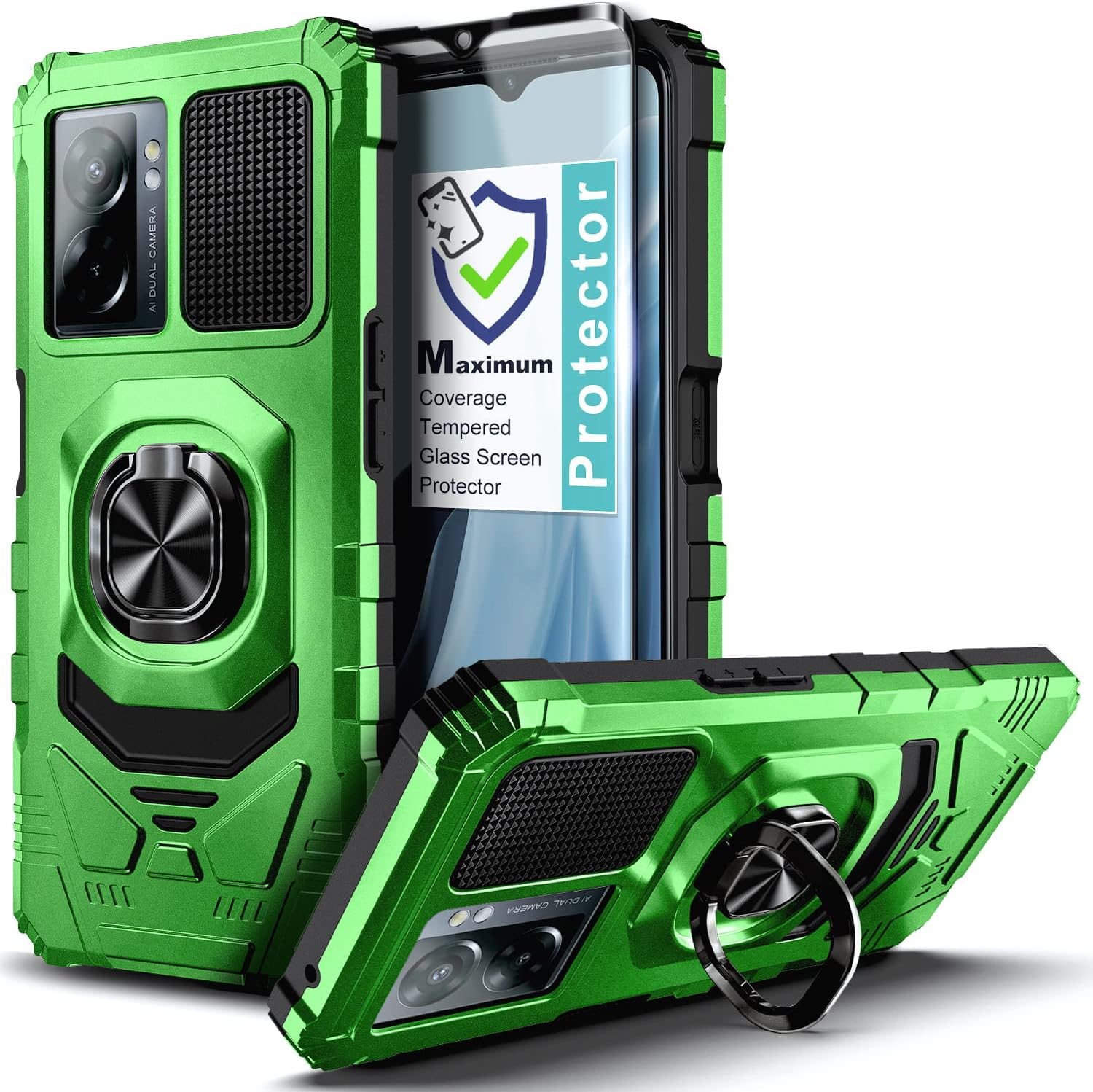 NZND Compatible with OnePlus Nord N300 5G Case with Tempered Glass Screen Protector Maximum Coverage, Full-Body Protective [Military-Grade], Magnetic Car Ring Holder Cover Case Green