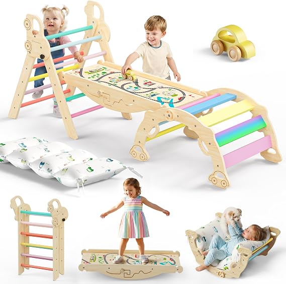10-in-1 Pikler Triangle Set with Cushion, Rainbow Valley