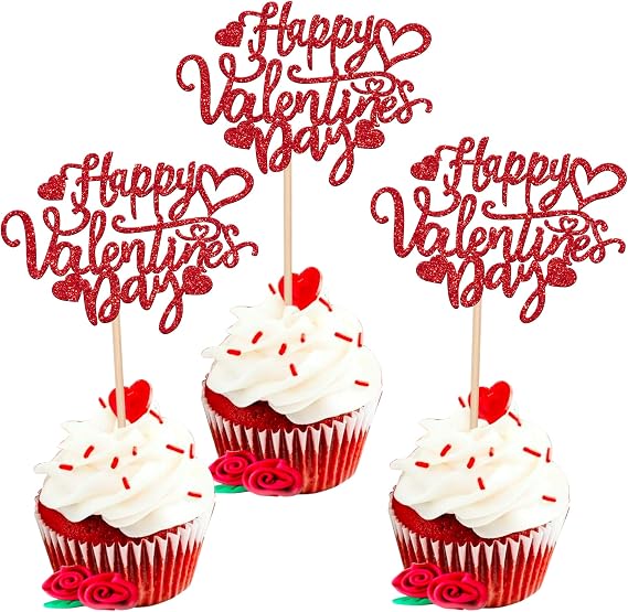 36 Pack Happy Valentine's Day Cupcake Toppers Glitter Sweet Heart Love Be Mine Valentines Cupcake Picks for Valentine's Day Theme Birthday Party Cake Decorations Supplies Red