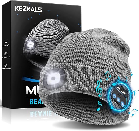 KEZKALS Gifts for Men LED Bluetooth Beanie Hat Camping Hiking Accessories, Gifts for Men Who Want Nothing, Cool Gadgets Anniversary Birthday Gift for Dad Husband Him Boyfriend, Cool Gadgets Grey