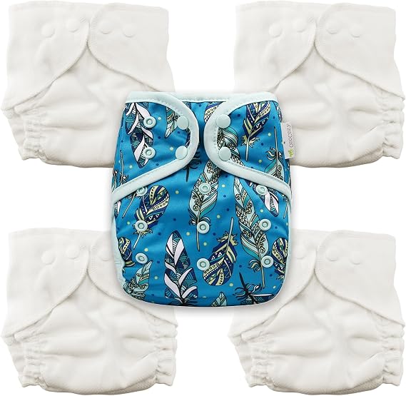 4 Size 1 Cozy Cubs Birdseye Fitted Diapers + OsoCozy One Size Diaper Cover Bundle (Jay) | 100% Cotton Reusable Cloth Diaper Set | Waterproof PUL Cover with Double Gussets