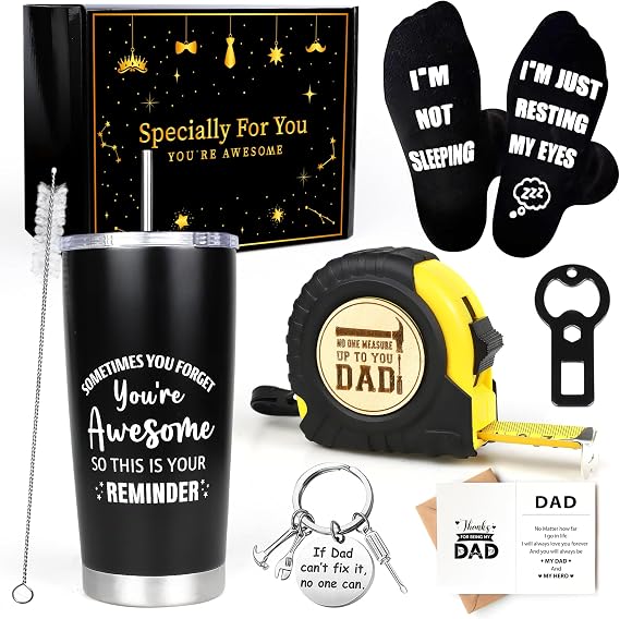 Tifeson 8PCS Father Day Gifts, Gifts for Dad from Daughter Son Kids Wife Includes Tumbler, Tape Measure, Socks, Card for Fathers Day, Dad Birthday Gift
