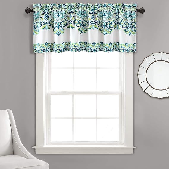 Lush Decor Clara Valance Paisley Damask Print Bohemian Style Single Curtain, Valance, Blue & Green