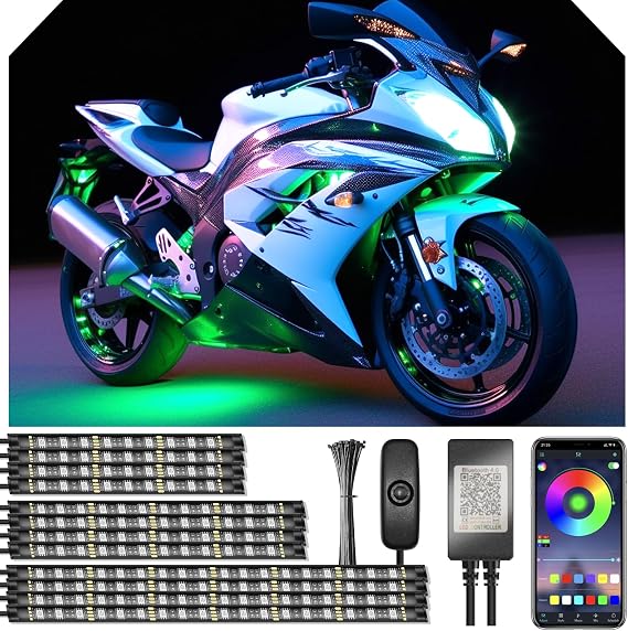 12pcs Motorcycle Underglow LED Strip Light Kit Waterproof RGB Neon Accent Lights Ground Effect Atmosphere Light DC 12V with APP & Handle Switch Control for Motorbike Trike Golf Carts Bikes