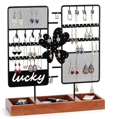 Earring Holder Organizer Wood Earring Organizer Stand Jewelry Holder Organizer Jewelry Holder Stand with Wooden Tray for Jewelry Storage and Showcase