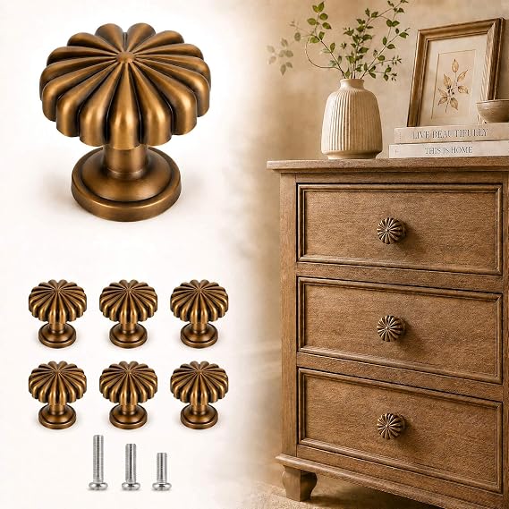 OAMCEG 6 Pack Vintage Cabinet Knobs - Pumpkin Style Bronze Drawer Knobs, Antique Round Cupboard Door Handles, Decorative Furniture Knobs for Kitchen, Wardrobe and Dresser