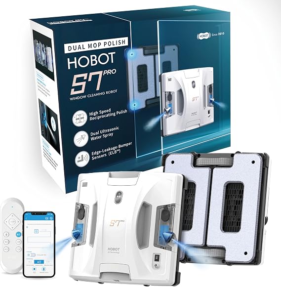HOBOT S7 Pro Window Cleaning Robot | Dual Mop Polish Hand Wiping Technology, 15nm Ultrasonic Spray, 4800Pa Suction | Automatic Window Washer Robot for Framed/Frameless Glass, Indoor & Outdoor Use