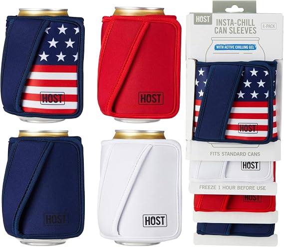 Flexible Freezable Gel and Ice Pack for Regular 12 oz Cans, American Red White Blue, Set of 4
