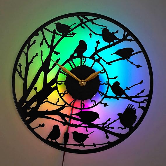 Bird Clock with Led Light, Kitchen Wall Decor, Gift Idea, Black Vinyl Record