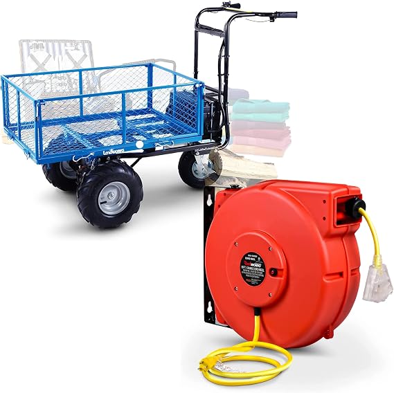 ReelWorks Extension Cord Reel Retractable Longest Industrial 12awg x 80' Foot Commercial Premium Grade & Utility Cart Hand Truck Power Wagon Electric 500W Battery Driven Max 500Lbs Load [Bundle Deal]