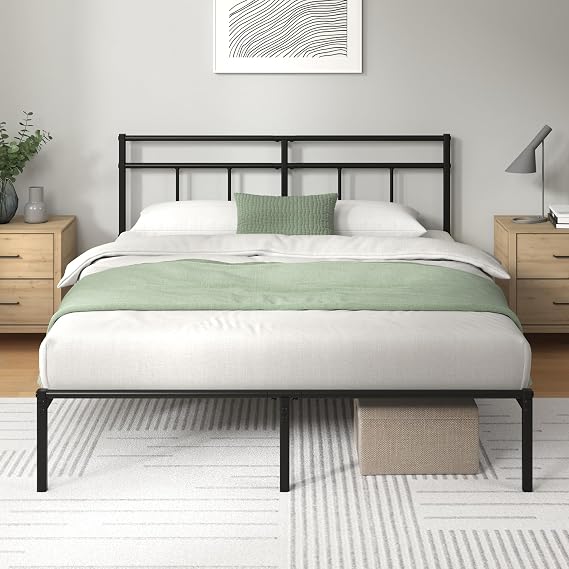 Zinus Elias Classic Double Metal Bed Frame with Headboard (135 x 190 cm) – Steel Slat Support, Underbed Storage, Easy Assembly – Black