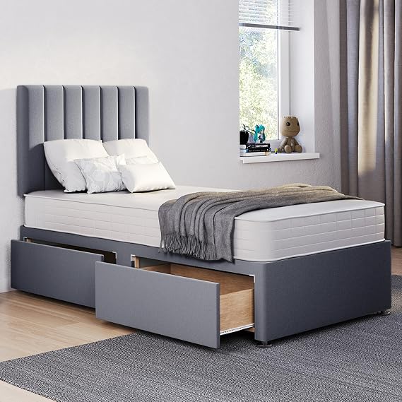 ComfoRest 3FT Single Bed with Mattress and storage drawers (x2) – Grey divan base and 24 inch Stripe headboard – orthopaedic, medium-firm 3FT mattress, UK made