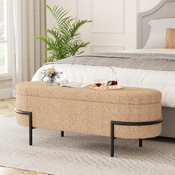 Beige Storage Ottoman Bench with Metal Stand, Upholstered Sherpa Stool with Large Storage Space, Modern Storage Bench for Living Room/Bedroom/End of Bed/Entryway/Bed Side, 45''L