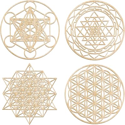 Leinuosen 4 Pcs 12 Inch Crystal Grid Board Sacred Geometric Wall Art Set Metatron Cube, Flower of Life, Sri Yantra, 64 Star Tetrahedron Pagan Decor Home Wall Decor for Room Wood Color