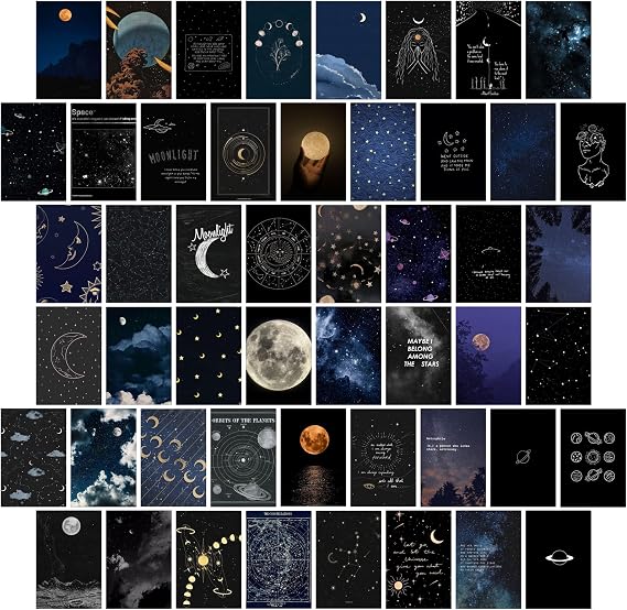 Astronomy Wall Collage Kit Aesthetic Pictures, Moon Stars Photo Collage Kit Dorm Room Decor for Teen Boy Girl, Moonlight Aesthetic Room Decor Photo Collection for Bedroom (50pcs 4x6 inch)