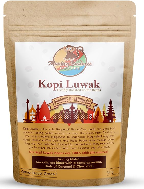 Monkey Business Coffee - Wild Kopi Luwak Coffee Whole Beans - Ethically Sourced - 50 Grams (Other Weights & Bean Types Available) - Produce of Indonesia