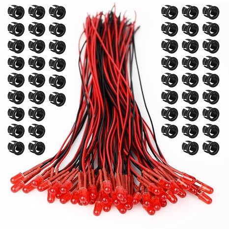 50Pcs 5mm Red Pre-Wired LED Kit, 3-12V with Resistor