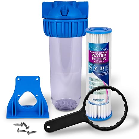 10" Clear Standard Transparent Whole House Water Filter System with Presser Relief Button, 3/4 Inlet/Outlet Brass Port & 5 Micron Pleated Sediment Water Cartridge, Meets NSF Standards & Regulations