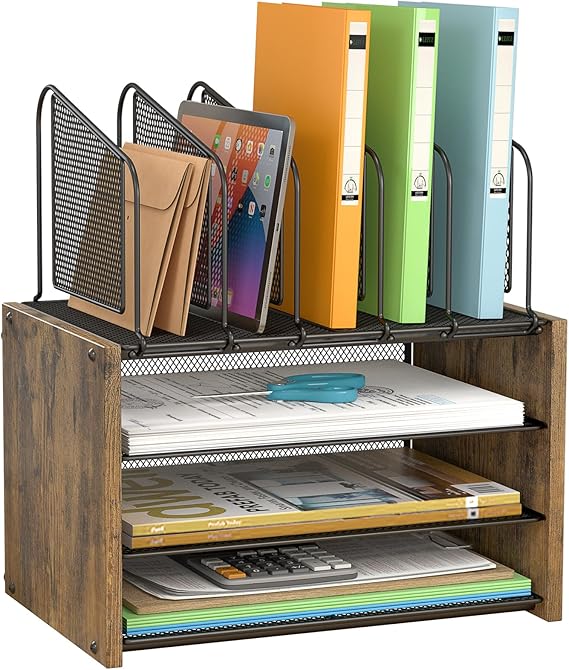 4-Tier Desk Organizer, Desk File Organizer with 5 Vertical File Holders, Office Desktop Organizer with 3 Level Paper Organizer Letter Tray, Wooden Desk Organizers and Accessories for Home Office