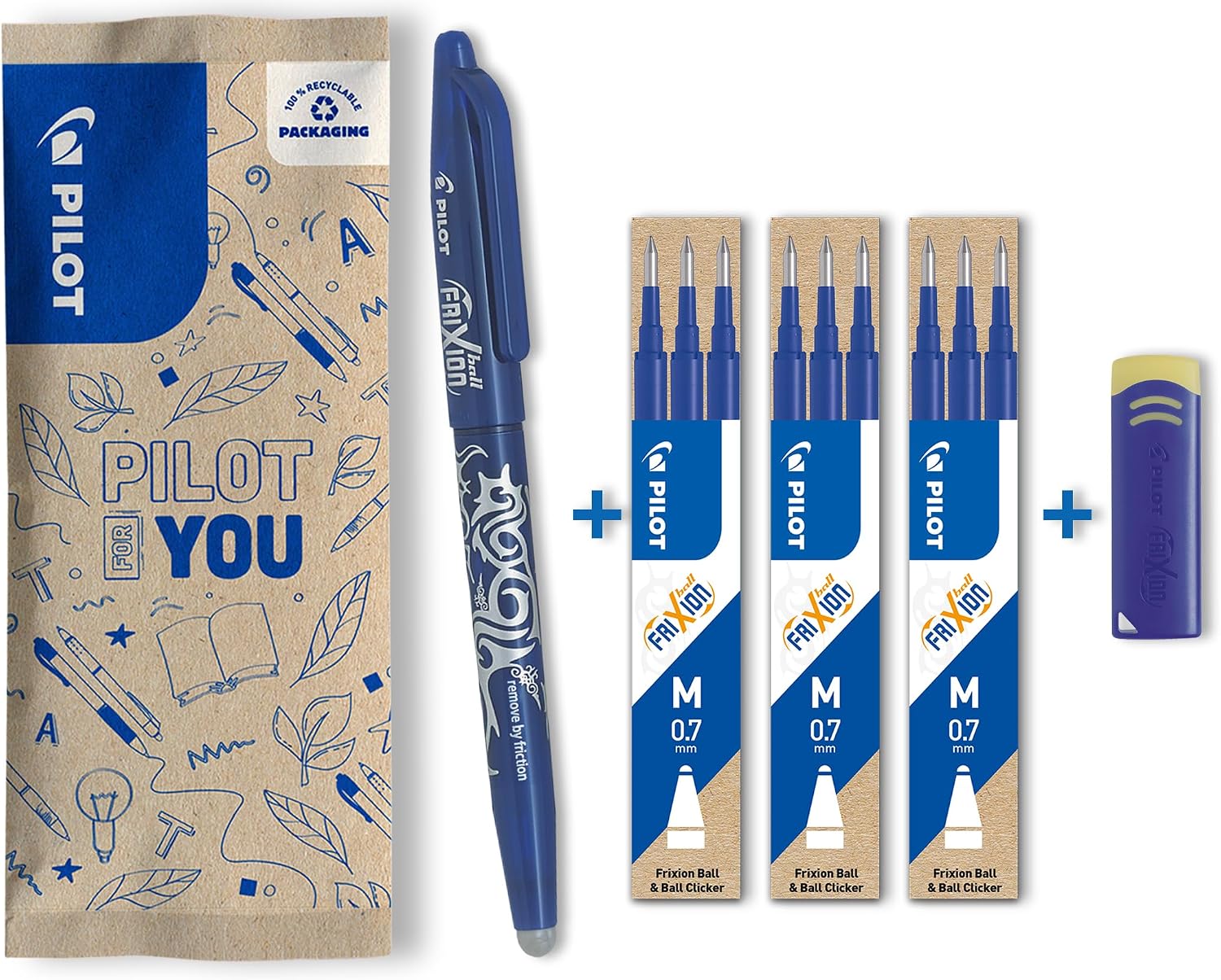 PILOT - Pack of 1 FriXion Ball 0,7 - Erasable pen - Medium - Blue  3  Set of 3 Refill Blue  Remover