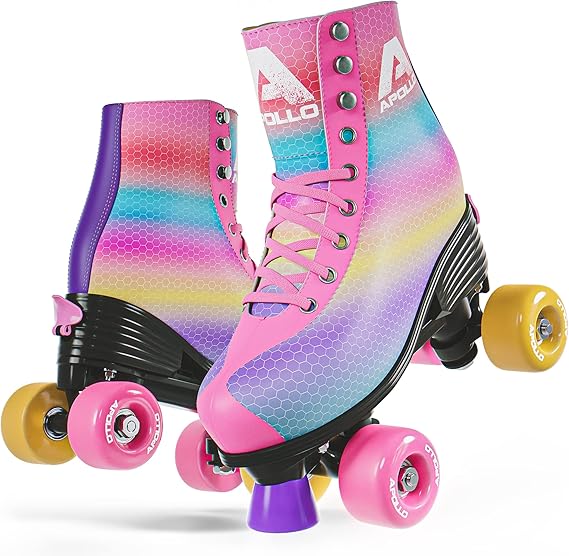 APOLLO Roller Skates - Retro Skates for Girls & Women - Size Adjustable Quad Skates with High Heel - Disco Quads