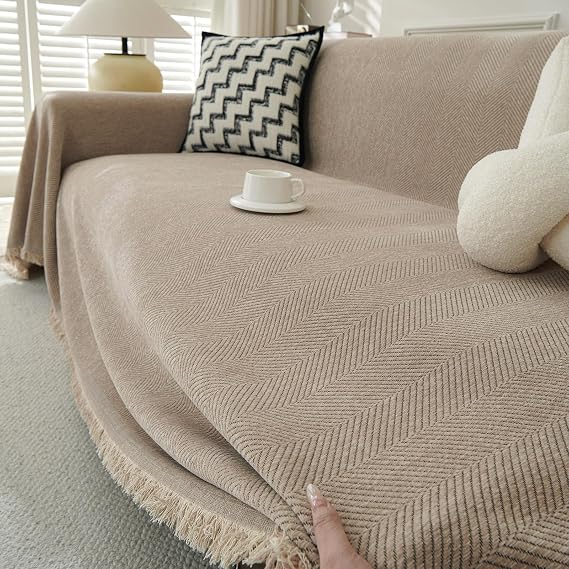 Chenille Large Sofa Throw for 1-4 Seater Sofas Camel 230x420