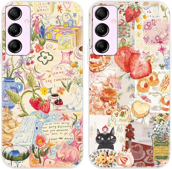 Phoona 2 Pack Strawberry Print Case for Samsung Galaxy A55 5G 6.5", European Collage Aesthetic Preppy Girly Design Pattern for Girls Women, Slim Soft Silicone Shockproof Bumper Protector Cover