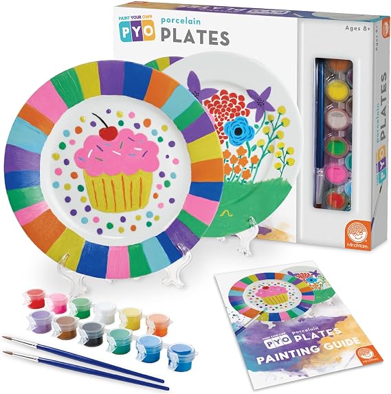 MindWare Paint Your Own Porcelain Plates - Kit Includes 2 Porcelain Plates, 12 Paints, 2 Paint Brushes, and 2 Stands | Paint your own ceramicsall the colors and tools included. Includes brush.